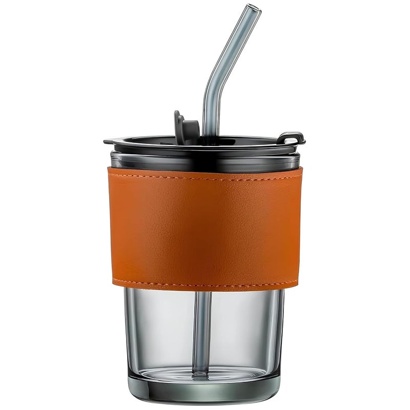 JIRLY Iced Coffee Cup 15oz450ml Glass Tumbler with Lid Straw and Leather Sleeve Ideal for Home Office Travel - Image 1