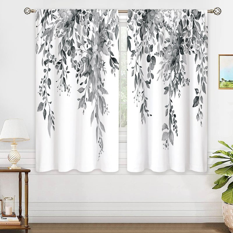 oolygoo Grey Eucalyptus Botanical Leaves Floral Window Curtains Watercolor Black White Flower Plant Wildflower Farmhouse Curtain Drapes Herb Curtains for Bedroom Living Room Treatment 42Wx45H Inch - Image 1
