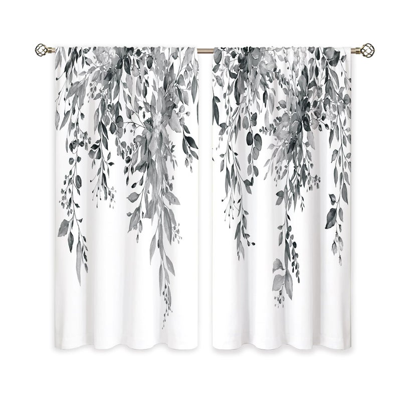oolygoo Grey Eucalyptus Botanical Leaves Floral Window Curtains Watercolor Black White Flower Plant Wildflower Farmhouse Curtain Drapes Herb Curtains for Bedroom Living Room Treatment 42Wx45H Inch - Image 5