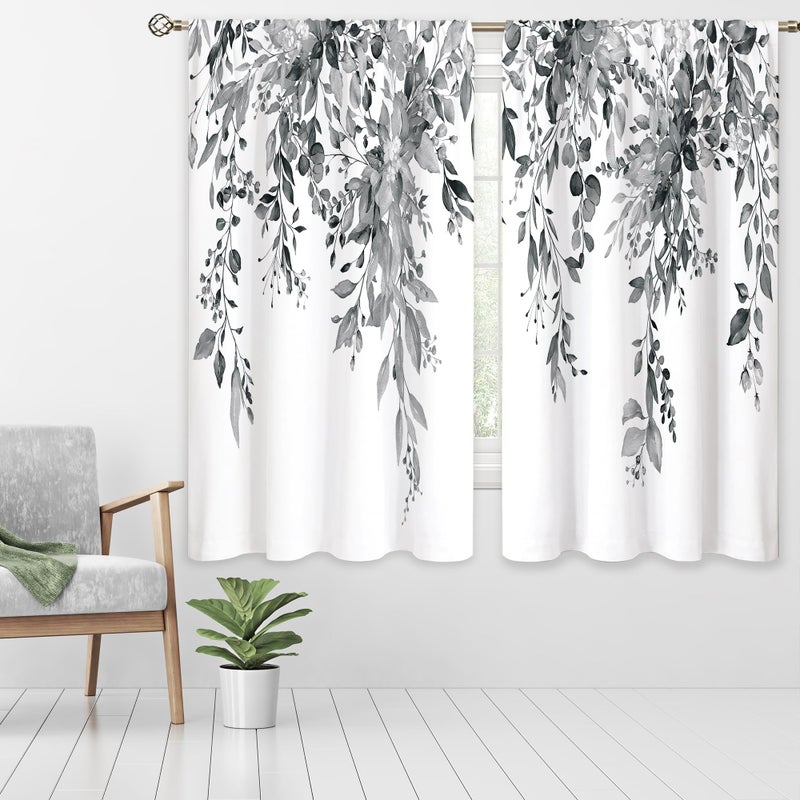 oolygoo Grey Eucalyptus Botanical Leaves Floral Window Curtains Watercolor Black White Flower Plant Wildflower Farmhouse Curtain Drapes Herb Curtains for Bedroom Living Room Treatment 42Wx45H Inch - Image 2