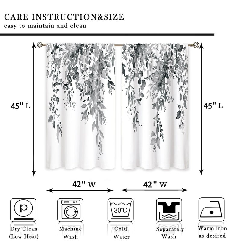 oolygoo Grey Eucalyptus Botanical Leaves Floral Window Curtains Watercolor Black White Flower Plant Wildflower Farmhouse Curtain Drapes Herb Curtains for Bedroom Living Room Treatment 42Wx45H Inch - Image 3