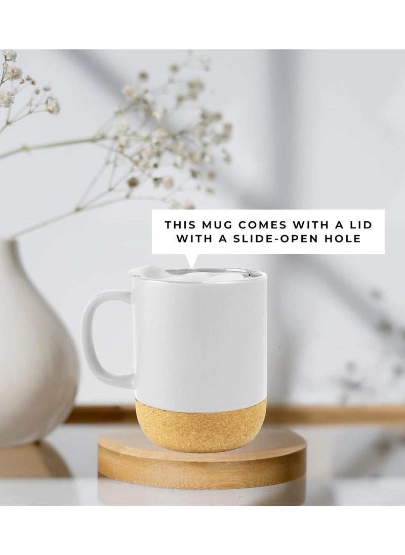 Zorqon - Ceramic Coffee Mug 15 OZ Coffee Mug with Cork Bottom and Splash Proof Lid, Ceramic Mug with Large Handle for Coffee Tea Latte - Matte White - Image 1
