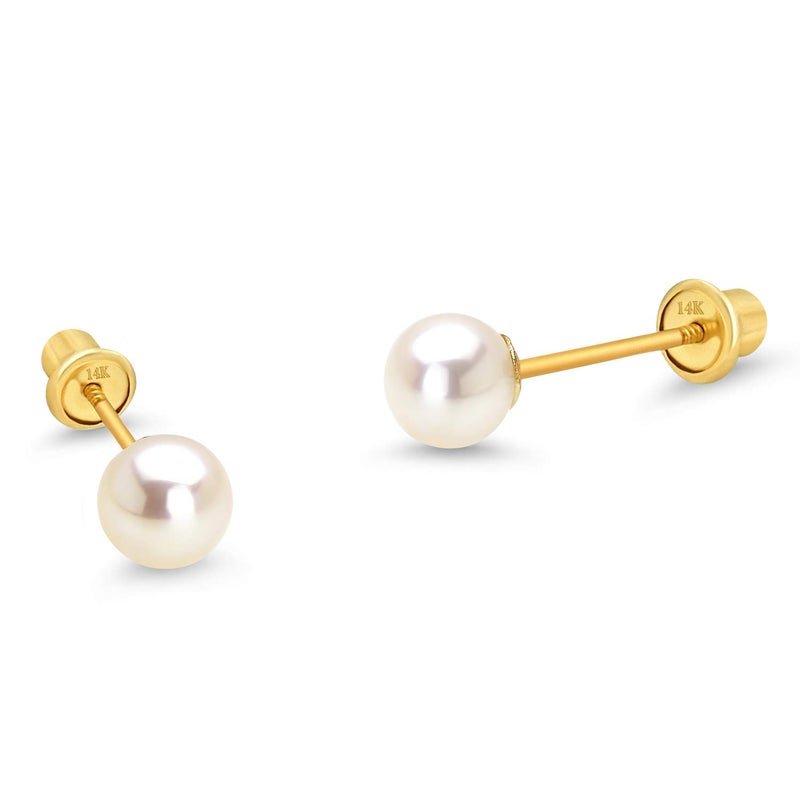 Lovearing 14k Yellow Gold 4mm Simulated Pearl Children Screw Back Baby Girls Earrings - Image 1