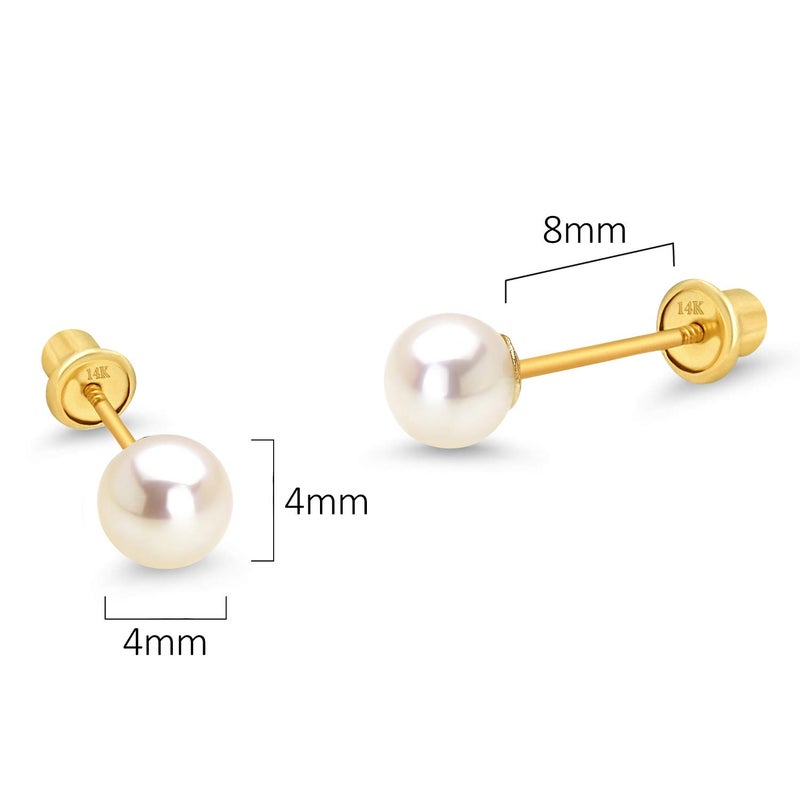 Lovearing 14k Yellow Gold 4mm Simulated Pearl Children Screw Back Baby Girls Earrings - Image 2