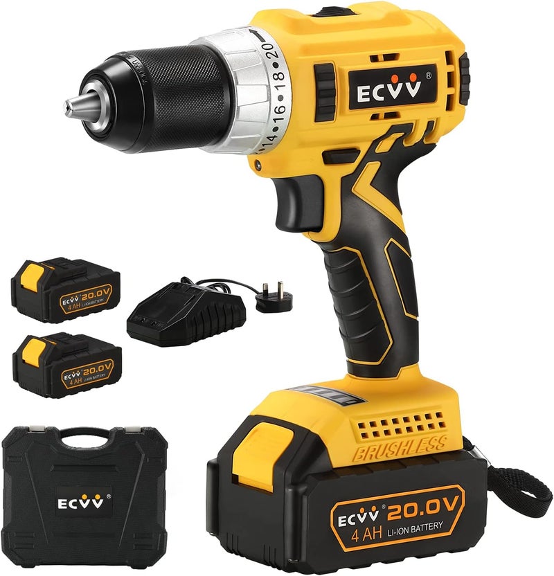 ECVV Cordless Drill Driver Kit 80Nm Torque With 2 Packs 4.0Ah Li-Ion Batteries & Fast Charger 20V Brushless Driver 2-Variable Speed With 13Mm Metal Chuck For Fastening And Drilling - Image 1