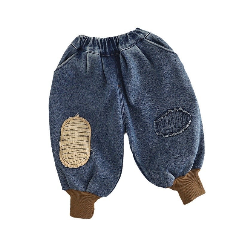 Boys' Ripped Jeans Children'S Fleece-Lined Thickened One-Piece Velvet Blue Patch Trendy Pants - Image 4