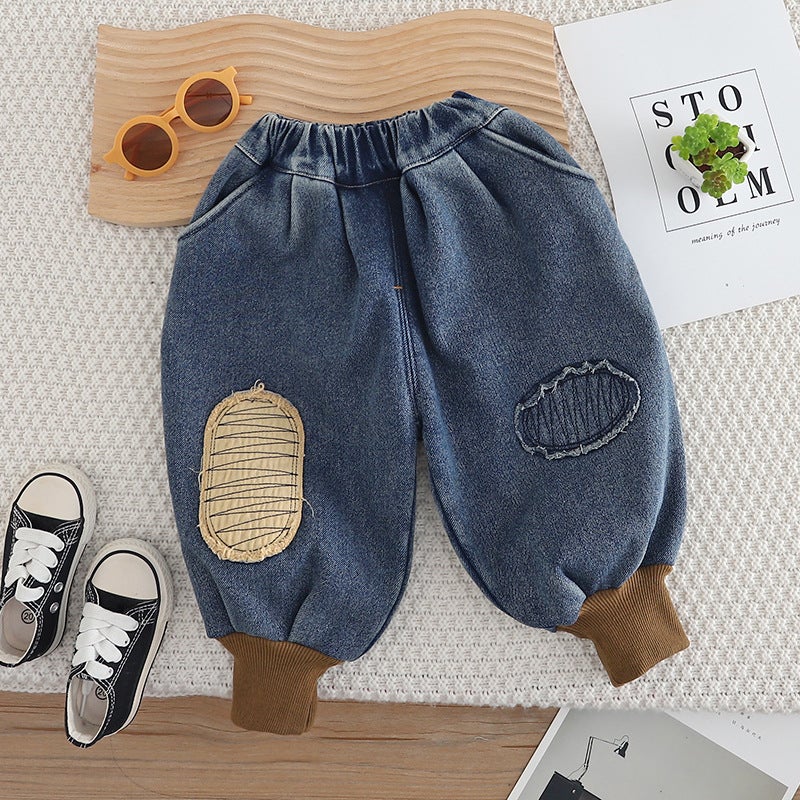 Boys' Ripped Jeans Children'S Fleece-Lined Thickened One-Piece Velvet Blue Patch Trendy Pants - Image 1