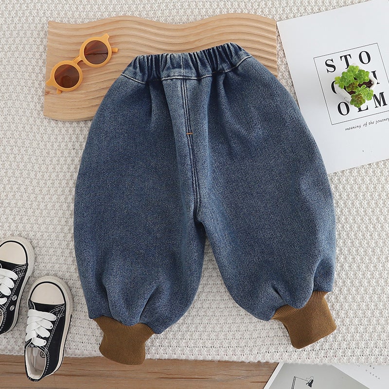Boys' Ripped Jeans Children'S Fleece-Lined Thickened One-Piece Velvet Blue Patch Trendy Pants - Image 3