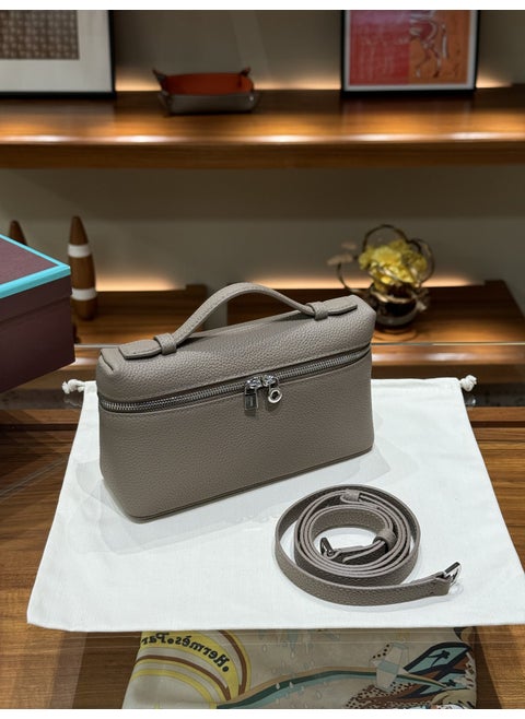 LP19 Genuine Leather Gigi Bag Lunchbox Style Womens Handbag Elephant gray lychee pattern first layer cowhide