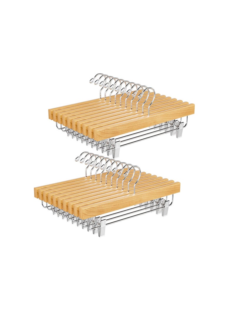 English: Premium Bamboo Wood Clothes Hanger with 2 Adjustable Clips for Pants & Skirts