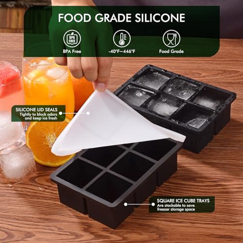 SLGOL Ice Cube Tray, SLGOL Ice Trays for Freezer with Lid, Easy Release large Ice Cube Molds, Silicone ice cubes mold for Whiskey, Stackable Square Ice Tray for Cocktails Whiskey 【6 square 3 Pack】 - Image 4