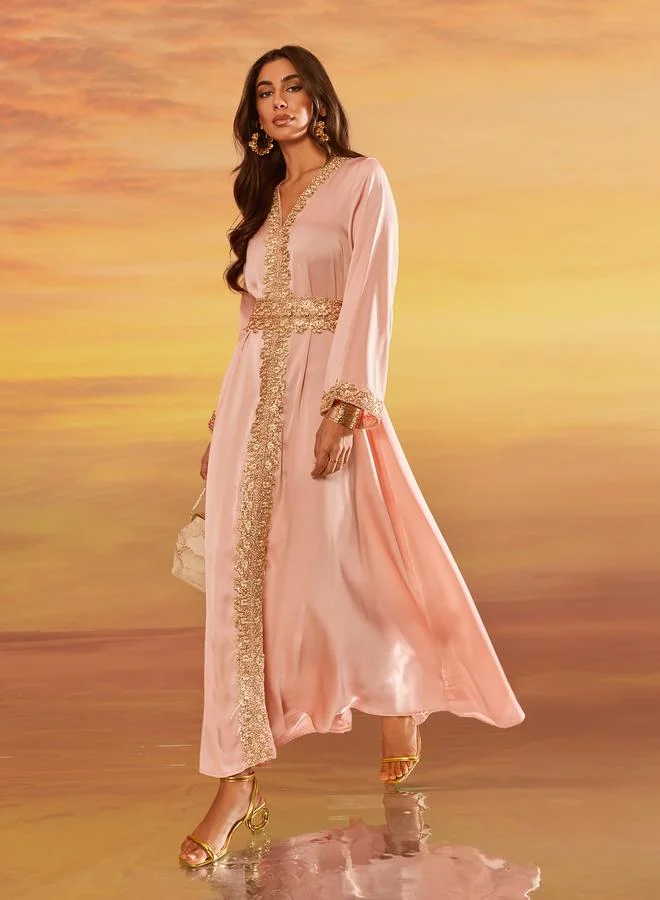 Amirah Women Peach Gold Embroidery Kaftan