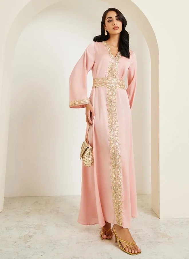 Amirah Women Peach Gold Embroidery Kaftan