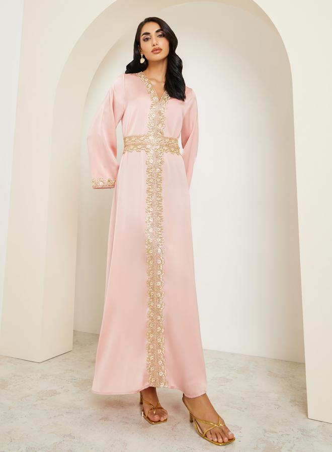 Amirah Women Peach Gold Embroidery Kaftan - Image 4