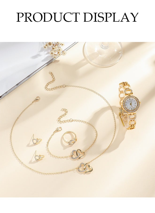 DUNISO 6-Piece Set, Quartz Watch Set, Gold Diamond Hollow Strap, Watch Bracelet Necklace Earrings Ring. High-End Women's Watch Gift Set  - Image 4