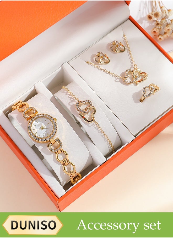 DUNISO 6-Piece Set, Quartz Watch Set, Gold Diamond Hollow Strap, Watch Bracelet Necklace Earrings Ring. High-End Women's Watch Gift Set  - Image 1