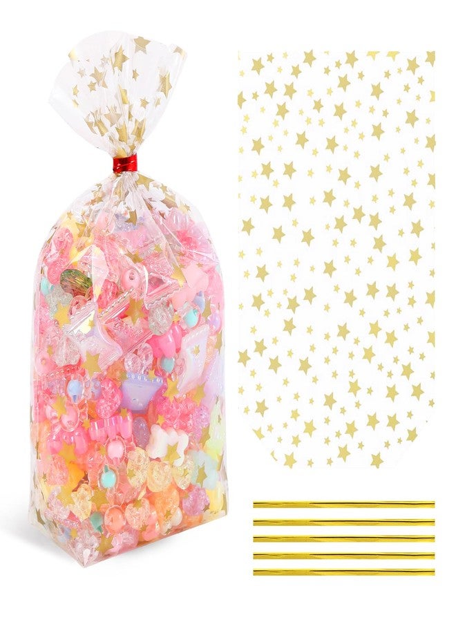 SOMIOCO Gold Star Flat Bottom Gusset Cellophane Bags 4X 6 IN 100 PCS Clear Gift Party Favor Cello Treat Goodie for Packaging Candy Cookies Popcorn - Image 1