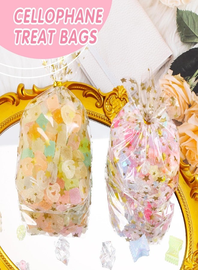 SOMIOCO Gold Star Flat Bottom Gusset Cellophane Bags 4X 6 IN 100 PCS Clear Gift Party Favor Cello Treat Goodie for Packaging Candy Cookies Popcorn - Image 4