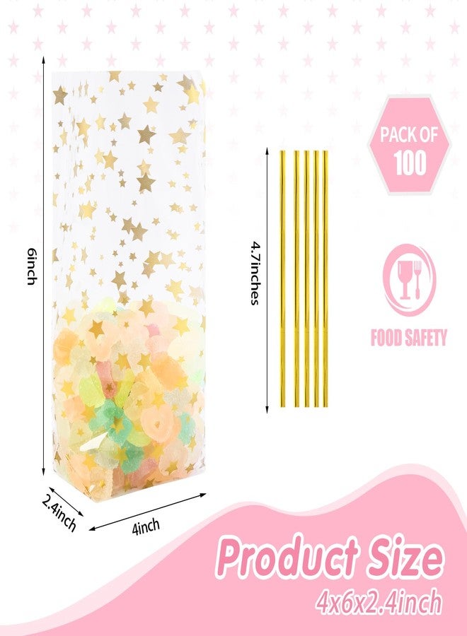 SOMIOCO Gold Star Flat Bottom Gusset Cellophane Bags 4X 6 IN 100 PCS Clear Gift Party Favor Cello Treat Goodie for Packaging Candy Cookies Popcorn - Image 2