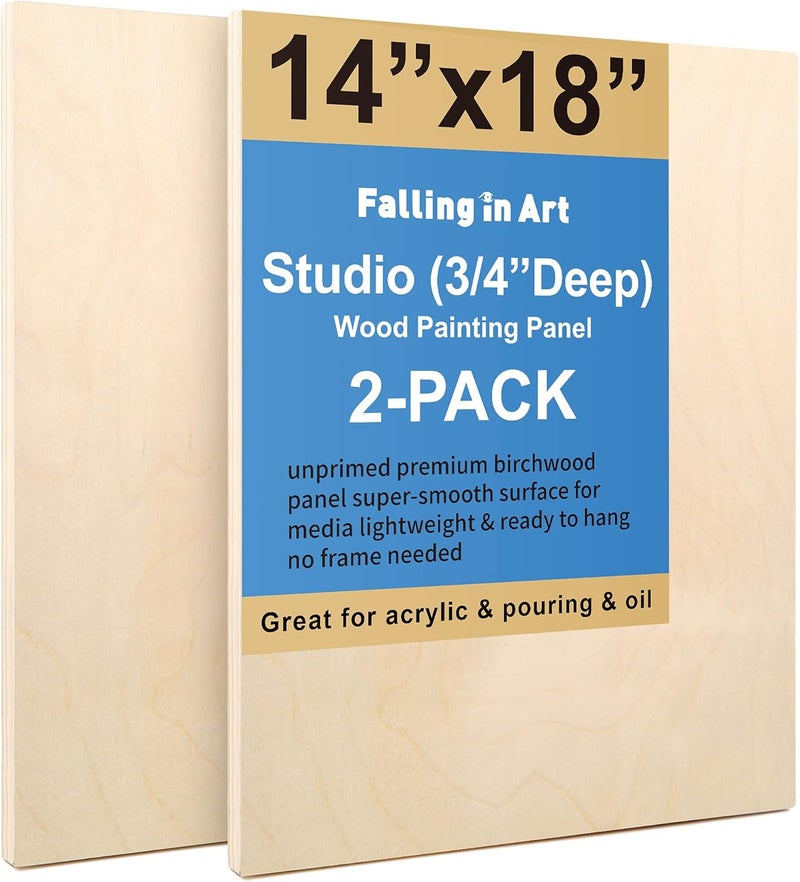 فولينج إن أرت مجموعة ألواح خشب البتولا غير المكتملة من Falling in Art، عبوة مزدوجة مقاس 14×18 بوصة، ألواح حامل بعمق 3/4 بوصة للاستوديو، مخصصة للصب الفني والحرف اليدوية والرسم وغيرها. - Image 1