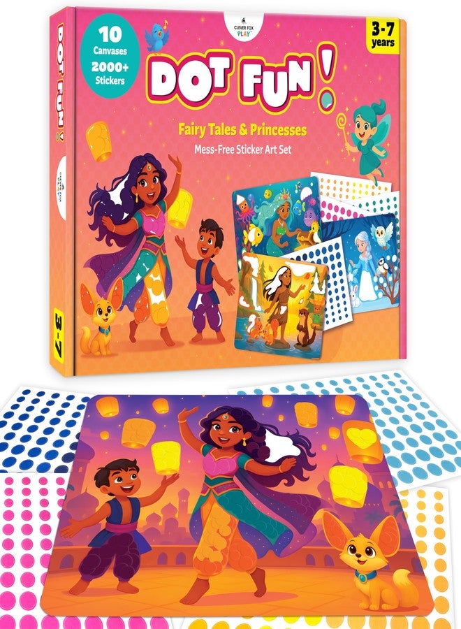 Clever Fox Play Dot Fun Sticker Art Kit for Kids Ages 3-7 - Mess-Free Fairy Tale & Princess Craft Set with 10 Picture Canvases and 2000+ Easy-Peel Dot Stickers - Creative Activity for Girls & Boys - Image 1