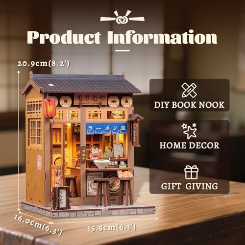 Fsolis Japanese Book Nook Kit DIY Miniature Mini House Japan 3D Wooden Puzzles for Adults Booknook Noodle Shop Bookshelf Diorama Gifts for Women Book Lovers MoritaYa Ramen - Image 5