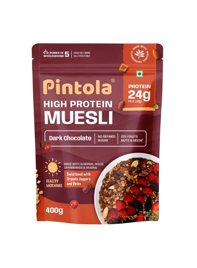 Pintola High Protein Muesli Dark Chocolate & Cranberry 400g, 24g Protein, High Fibre, Trans Fat Free with Brown Sugar, Real Fruits, Muesli for Breakfast Food, Muselies Fruit Nuts and Seeds (400g) - Image 1