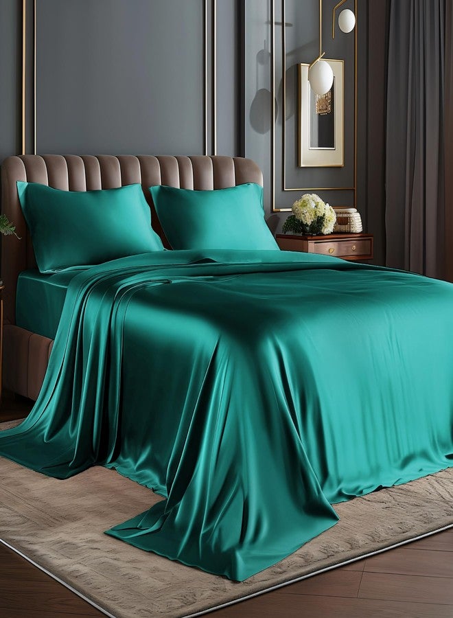 BEDELITE King Size Sheets Set, Luxury Soft Teal Satin Sheets for Hair and Skin, Similar to Silk Bed Sheets Set 4 Pieces with 1 Deep Pocket Fitted Sheet, 1 Flat Sheet, and 2 Pillowcases - Image 1
