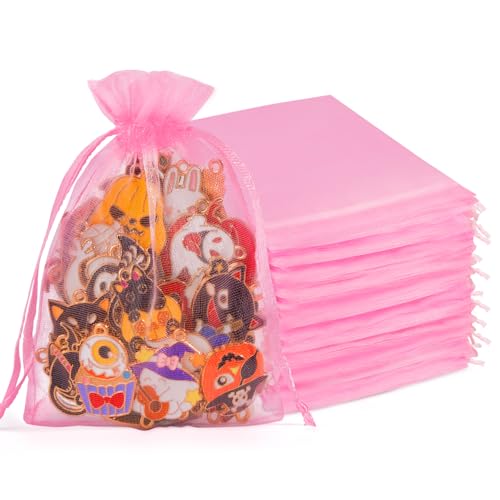 Crweety 50 Pcs Pink Organza Bags 4x6 Inch, Premium Mesh Gift Bags for Wedding Baby Shower Party Favors, Small Mesh Bags Drawtring for Candy Jewelry Christmas Valentine Gifts, Cute Sachet Bags - Image 1