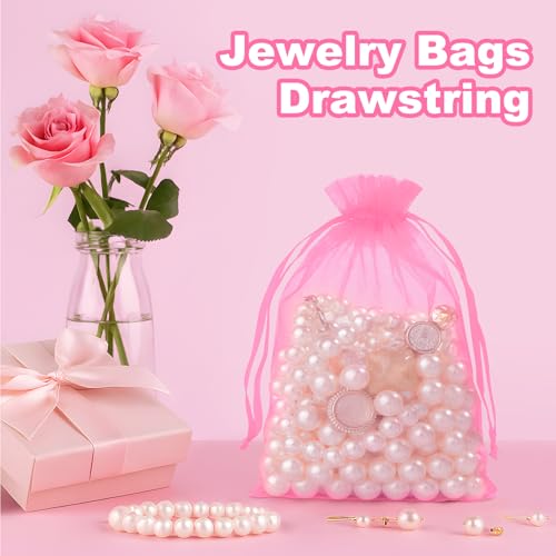Crweety 50 Pcs Pink Organza Bags 4x6 Inch, Premium Mesh Gift Bags for Wedding Baby Shower Party Favors, Small Mesh Bags Drawtring for Candy Jewelry Christmas Valentine Gifts, Cute Sachet Bags - Image 4