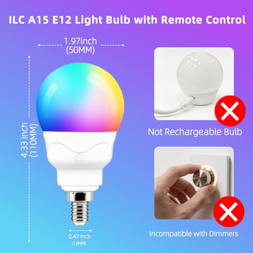 ILC E12 LED Light Bulbs (40w Equivalent) 5W, Color Changing RGB, A15 Small Base Candelabra Round Light Bulb, Candle Base, 2700K Warm White 12 Colors 2 Modes Timing with Remote Control (4 Pack) - Image 2