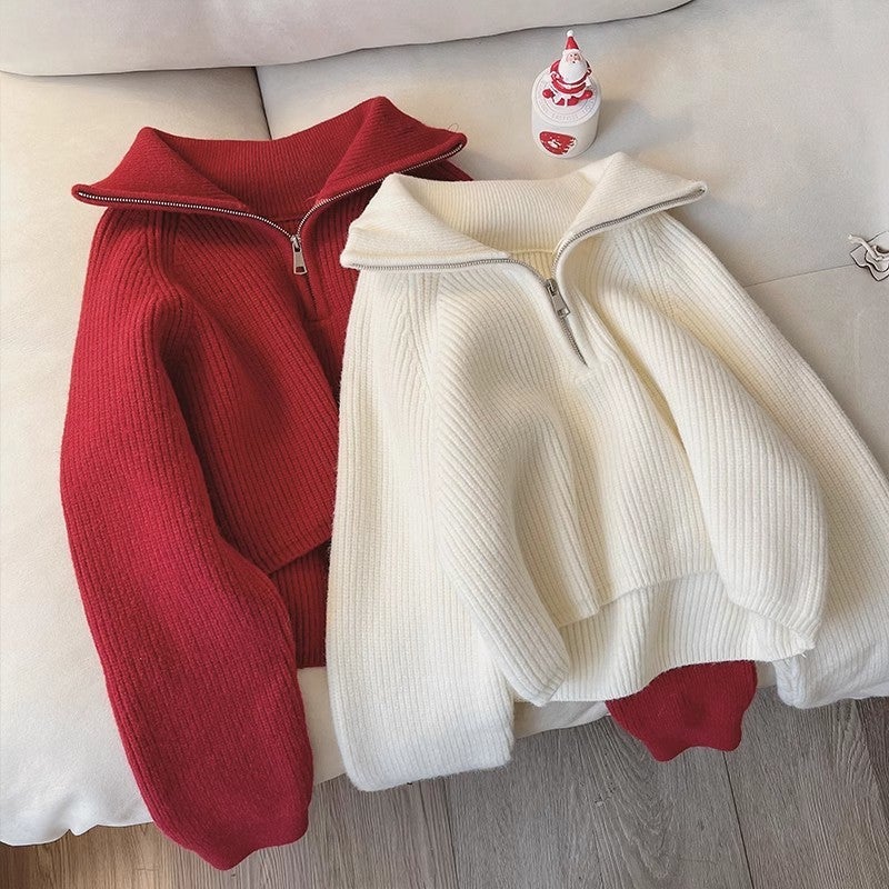 Thickened Knitted Age-Reducing Design Sense Zipper Loose Slimming Lapel Lazy Sweater Top For Women - Image 2