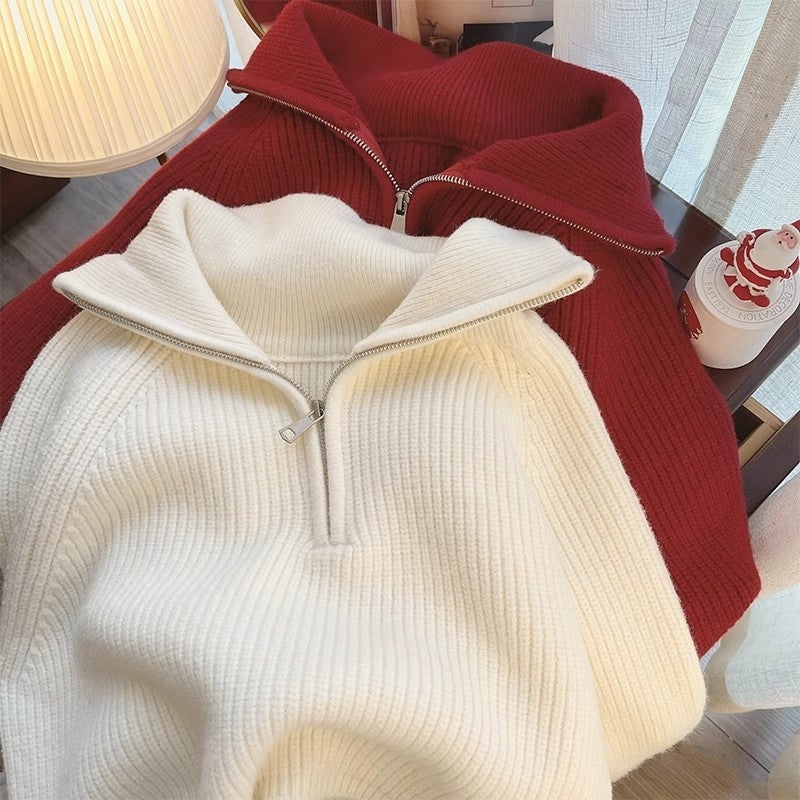 Thickened Knitted Age-Reducing Design Sense Zipper Loose Slimming Lapel Lazy Sweater Top For Women - Image 3