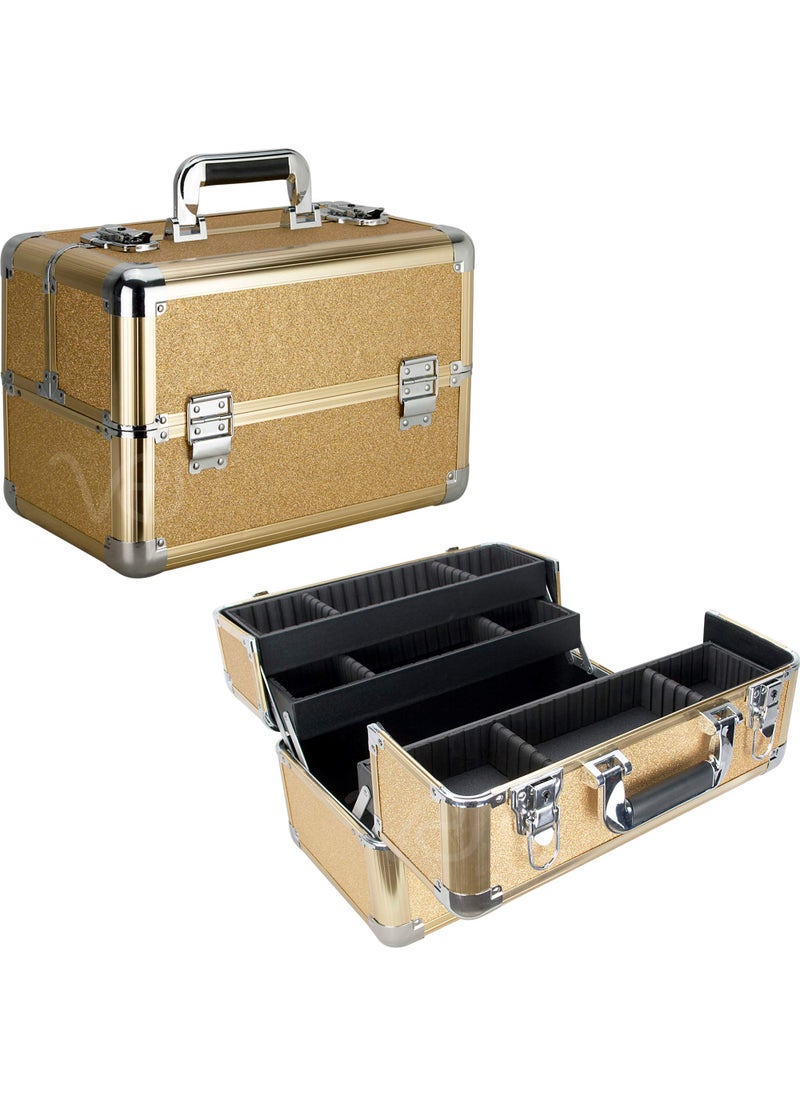 Ver Beauty Ver Beauty 4-tiers Extendable Trays Professional Cosmetic Makeup Train Case Organizer Travel Dividers - Vk3403, Gold Glitter 