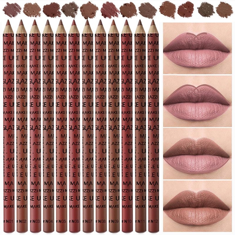 SUAKE 12 Pcs Natural Nude Brown Beige Colors Lip Liner Lipstick Pencils Set for Daily Makeup,Easy to Apply & Remove,Waterproof - Image 1