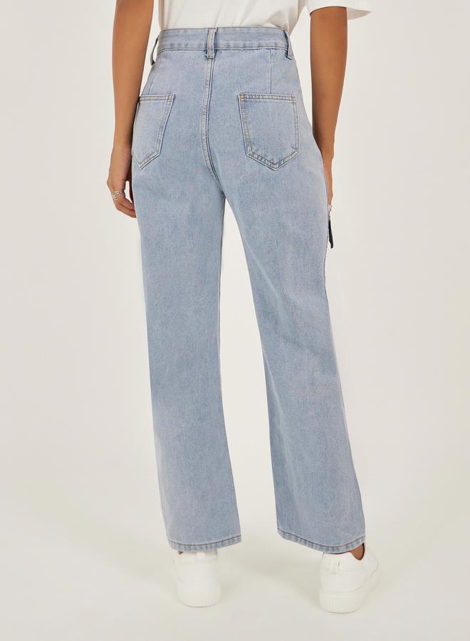ستايلي جينز واسع الساق بخصر متوسط وتأثير باهت - Image 4