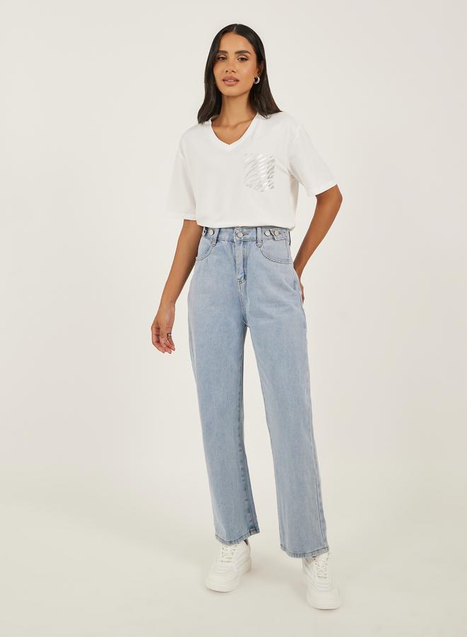 ستايلي جينز واسع الساق بخصر متوسط وتأثير باهت - Image 1
