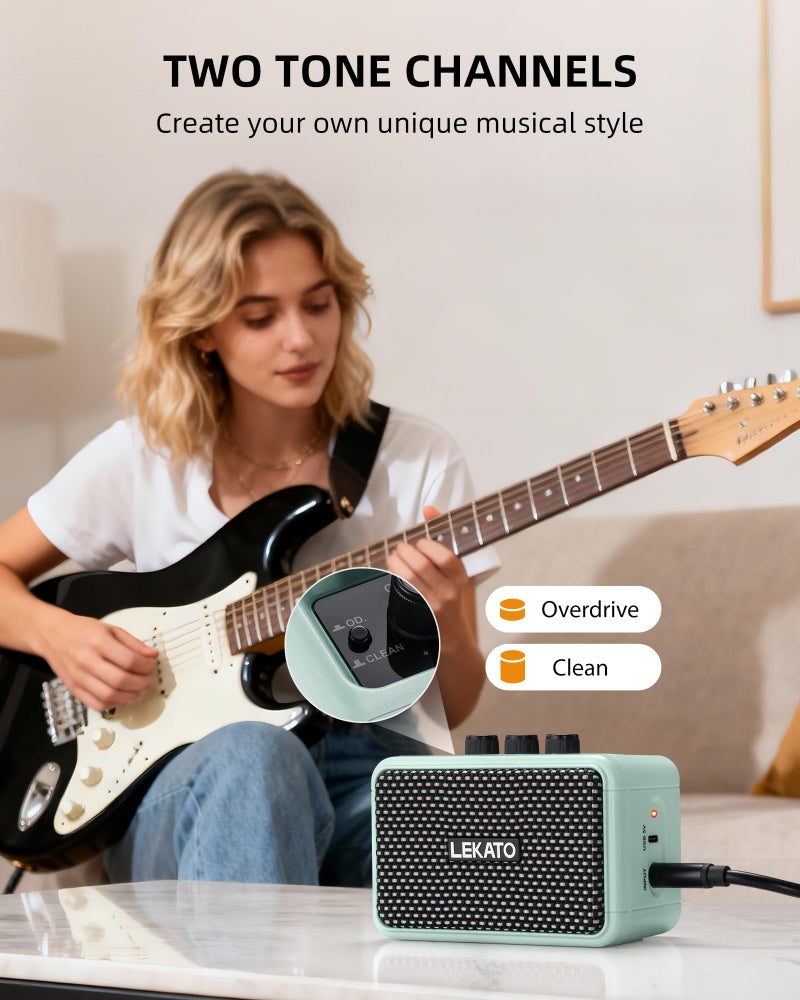 LEKATO Mini Guitar Amplifier, Dual Speakers 5W, Rechargeable Electric Guitar Amp Bluetooth with Clean Overdrive, 6H Working, Headphone Jack, Wireless Portable Small Amp for Practice, Traveling (Blue) - Image 2