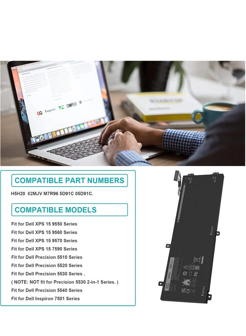 Replacement Battery 56Wh H5H20 for Dell Precision 5510 5520 5530 5540 Dell Inspiron 7501 7590 7591 XPS 15 9550 9560 9570 HSH20 M7R96 62M JV 451 -BCBB.T 5D91C 5041C 05041C 11.4V - Image 3