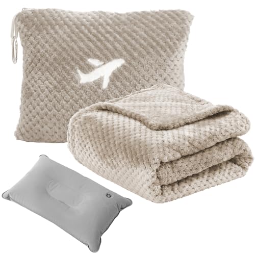 Nenolix Travel Blanket Airplane Compact with Bag, Travel Essentials 3 in 1 Packable Airplane Blanket, Travel Pillow and Blanket Set, Inflatable Pillow, Luggage Sleeve & Backpack Clip (Camel) - Image 1