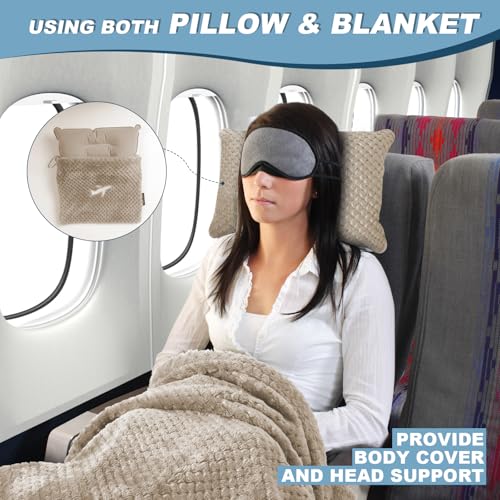 Nenolix Travel Blanket Airplane Compact with Bag, Travel Essentials 3 in 1 Packable Airplane Blanket, Travel Pillow and Blanket Set, Inflatable Pillow, Luggage Sleeve & Backpack Clip (Camel) - Image 3