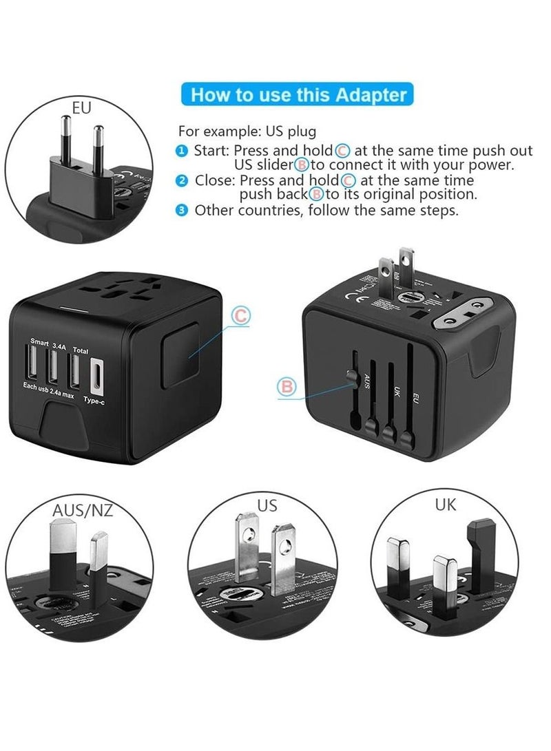 Universal International Travel Power Adapter W/ High Speed 2.4A USB, 3.0A Type-C Wall Charger, European Adapter, Worldwide AC Outlet Plugs Adapters for Europe, UK, US, AU, Asia-Black - Image 5