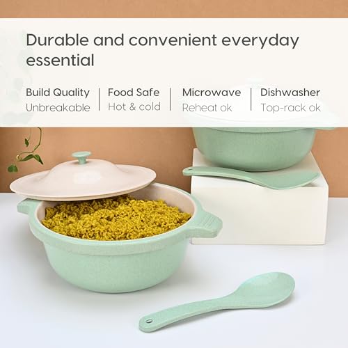Eha Earth Friendly Serving Bowls with Lid | Microwave Safe | Made with Rice Husk and Bamboo Fibers | 2500 ml Each | Set of 2 | Celeste Green - Image 4