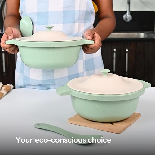 Eha Earth Friendly Serving Bowls with Lid | Microwave Safe | Made with Rice Husk and Bamboo Fibers | 2500 ml Each | Set of 2 | Celeste Green - Image 2