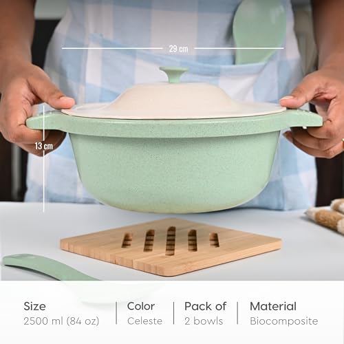 Eha Earth Friendly Serving Bowls with Lid | Microwave Safe | Made with Rice Husk and Bamboo Fibers | 2500 ml Each | Set of 2 | Celeste Green - Image 3
