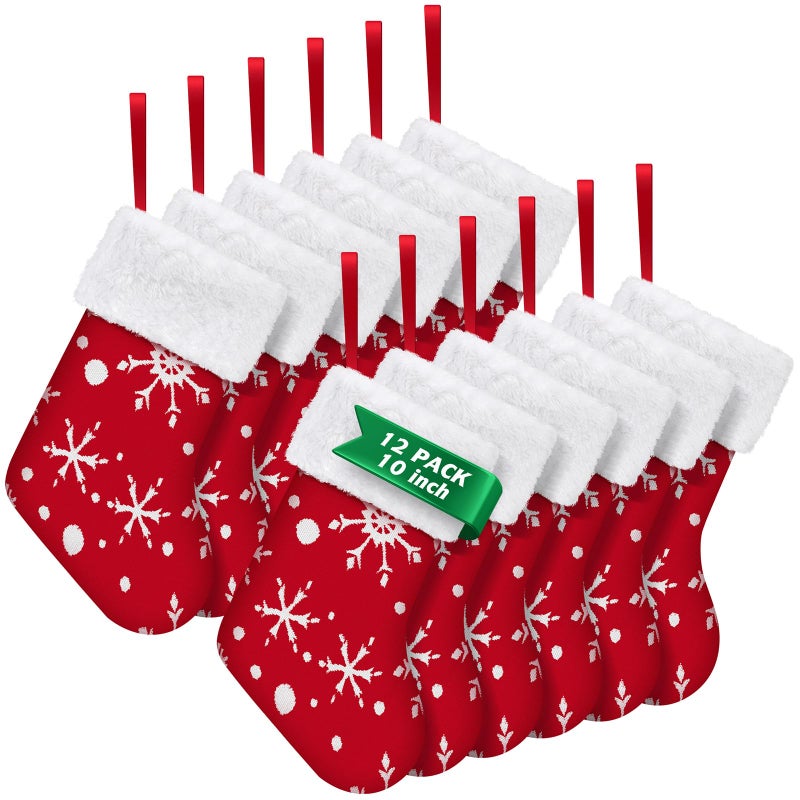 Bonison 12 Pack 10 Inch Classic Christmas Stocking Red Christmas Tree Hanging Stockings with White Snowflakes Decoration for Family Christmas Holiday Xmas Gift
