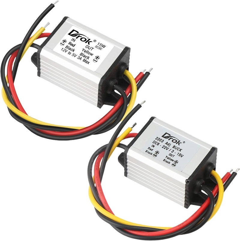 DROK 12v to 5v Converter Waterproof Pack of 2, 8-35V to 5V Buck Converter and 8-22V to 3-15V Adjustable Step Down Converter - Image 1