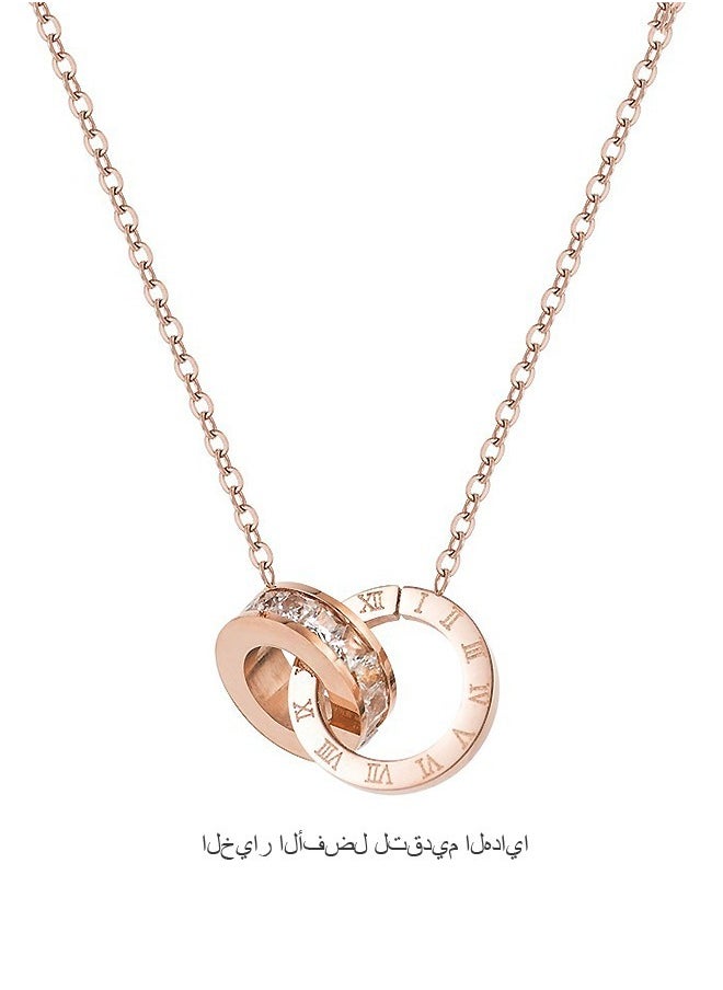 Beyond Roman Alphabet Double Ring Necklace, Anti Rust and Anti Fading 14k Rose Gold Plated Necklace, Fashion Jewelry Gift (Rose Gold)  - Image 1