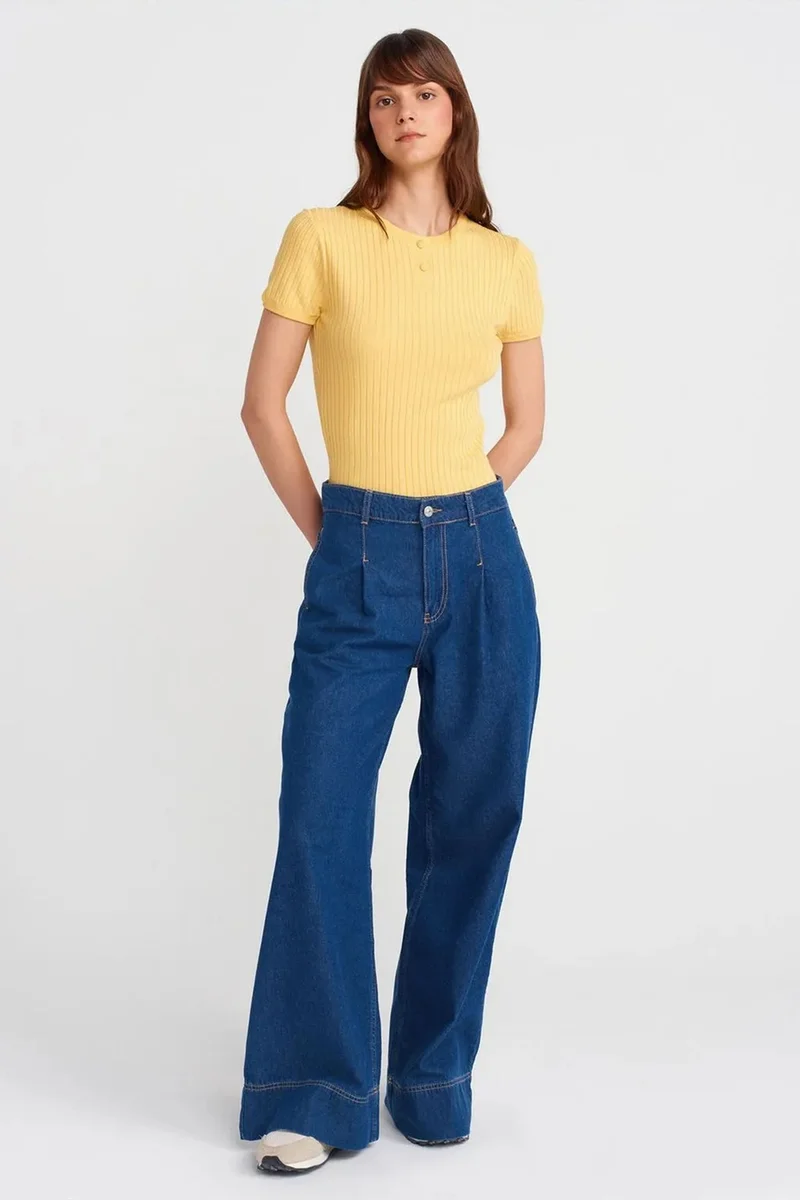 Dilvin Lemon Yellow DILVIN Ribbed Short-Sleeve Button Blouse for Women | Best Price UAE