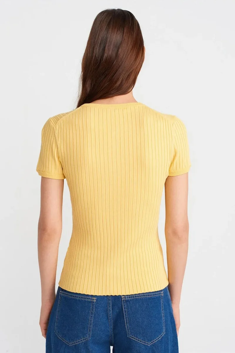 Dilvin Lemon Yellow DILVIN Ribbed Short-Sleeve Button Blouse for Women | Best Price UAE